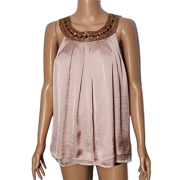 ADIVA Size L Polyester Salmon Pink 2 Layers Big Pearls Neckline Top Blouse Shirt - Picture 1 of 12